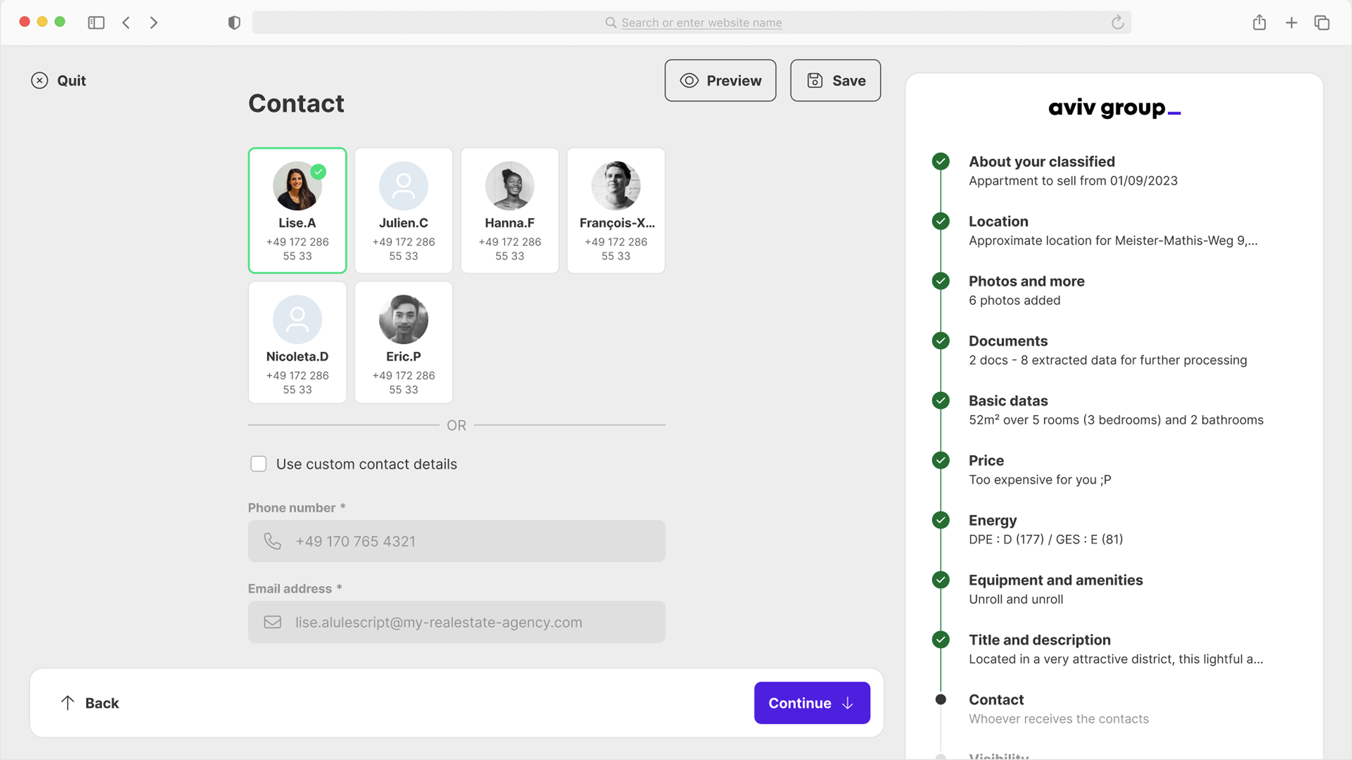 Contact step — listing funnel