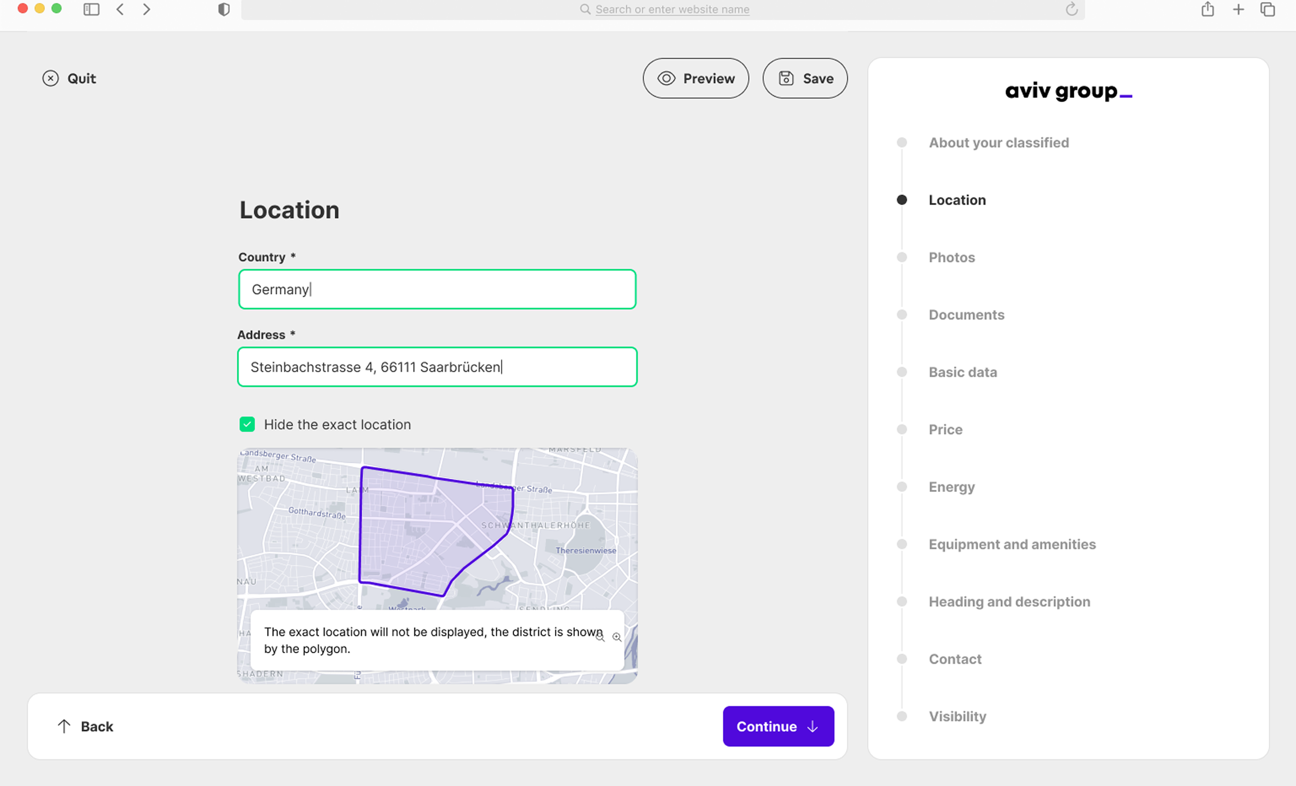Listing creation form with property details and map
