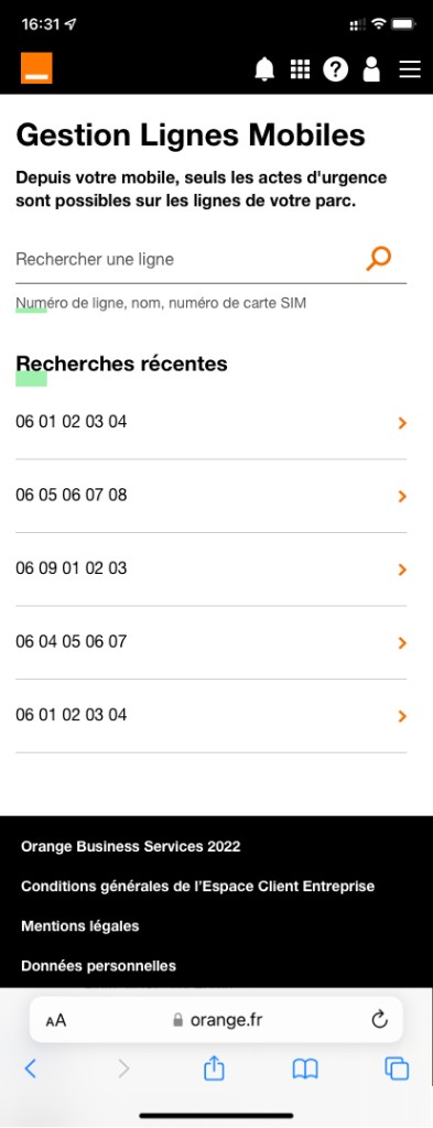 Gestion Lignes Mobiles mobile home — search for a line, recent searches