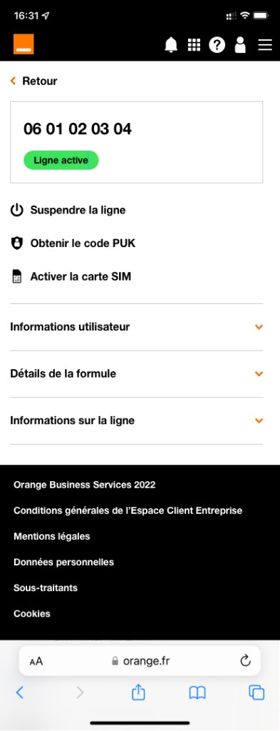 Mobile line detail — active line, suspend, PUK code, activate SIM
